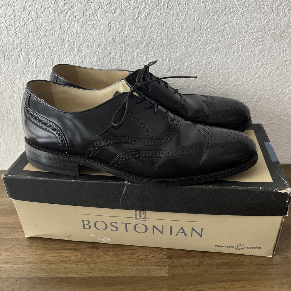 Men's Shoes BOSTONIAN Wingtip Oxfords Sz 11 Black Leather With Original Box